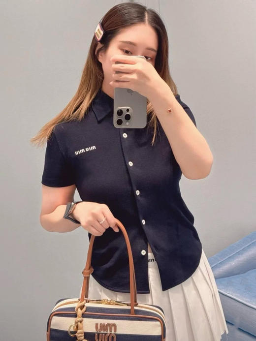 MIU棉质珠地透气网系扣POLO精致衬衫开衫 商品图3