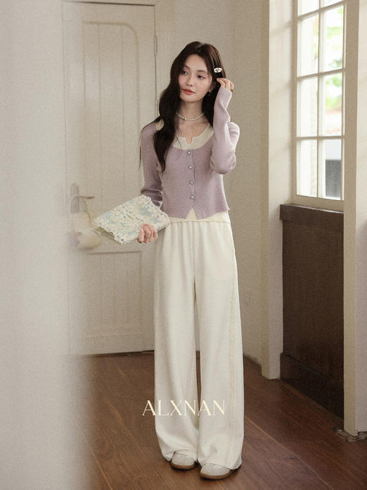 鹿向南「软糯糯」米白色休闲裤女早秋新款高腰直筒宽松长款阔腿裤 商品图3