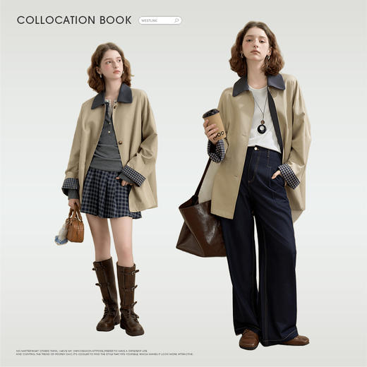 西遇英伦复古撞色格纹拼接风衣外套女秋季宽松显瘦中长款大衣V2951178 商品图1