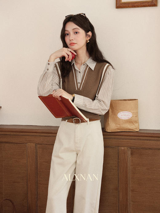 鹿向南「朗姆热可」复古咖色假俩件衬衫女秋季新款设计感长袖上衣 商品图2