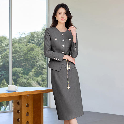IWY/气质名媛灰色西装套裙女秋季新款高级感圆领小香风职业套装WCS117 商品图0