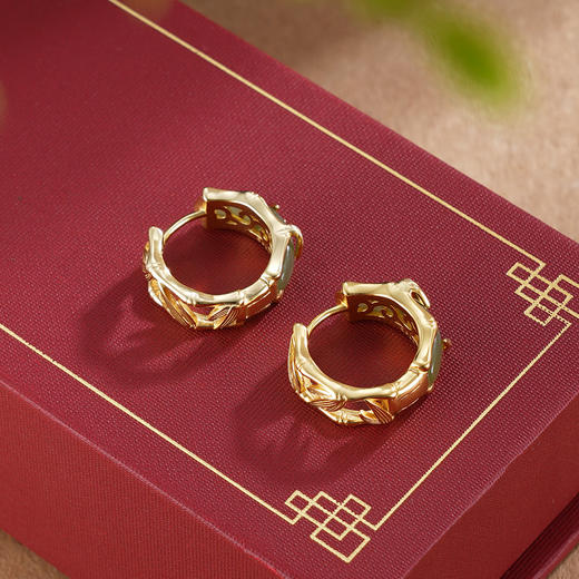 子佩集S925银【圆满竹福】耳环【EJ00461】纯银古法银扣环圆圈镀金青玉2507 商品图1