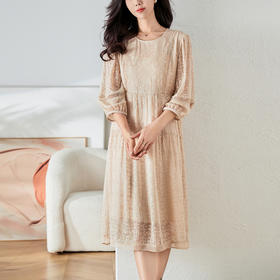 丁摩 夏季新款3D真丝刺绣桑蚕丝连衣裙宽松显瘦圆领气质真丝长裙5ZF-6560