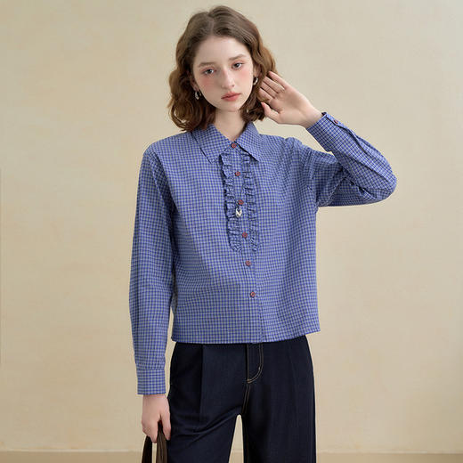 西遇复古木耳边蓝色格纹衬衫女秋季新款减龄百搭短款长袖上衣V2651170 商品图2