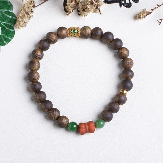 xy0513沉香+碧玉南红并蒂莲手串 商品图0