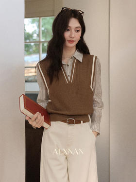 鹿向南「朗姆热可」复古咖色假俩件衬衫女秋季新款设计感长袖上衣