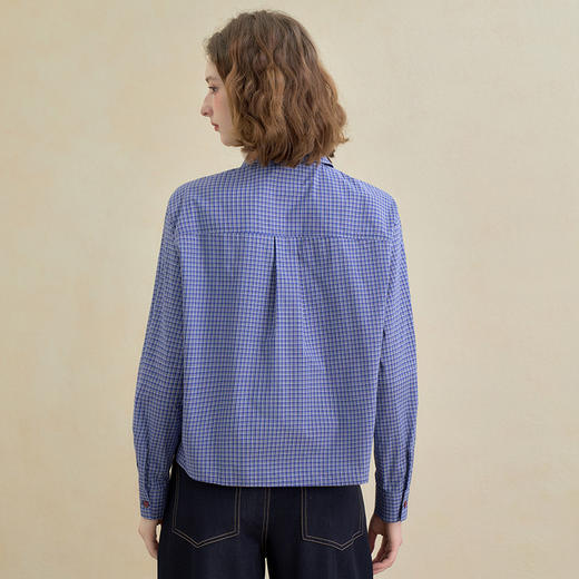 西遇复古木耳边蓝色格纹衬衫女秋季新款减龄百搭短款长袖上衣V2651170 商品图4