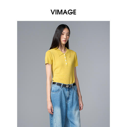 VIMAGE纬漫纪翻领短袖百搭复古正肩polo领女T恤上衣2025夏季新款V2301935 商品图4