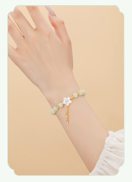 桃花朵朵纯银925和田玉手串女新中式国潮贝壳花朵手饰ins珍珠手链CS0100 商品图3