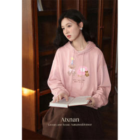 鹿向南「小熊日记」粉色卡通动漫长袖连帽卫衣秋季新款宽松上衣女