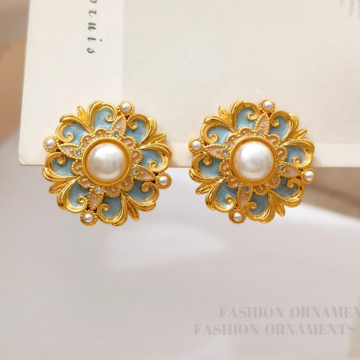 丁摩 原创S925银针法式复古花朵耳钉珍珠耳环高级感蓝色耳饰品5ZF-2493 商品图3