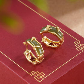 子佩集S925银【圆满竹福】耳环【EJ00461】纯银古法银扣环圆圈镀金青玉2507