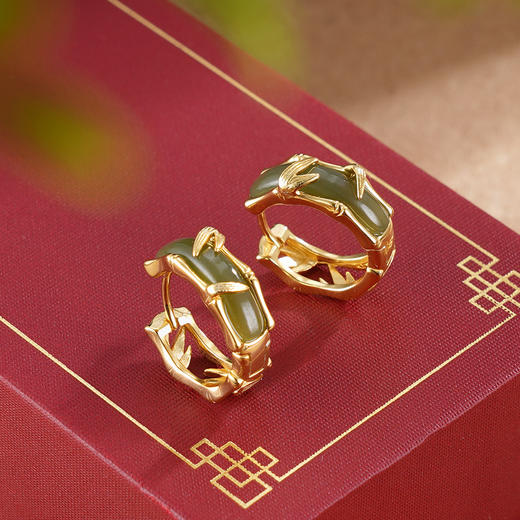 子佩集S925银【圆满竹福】耳环【EJ00461】纯银古法银扣环圆圈镀金青玉2507 商品图0