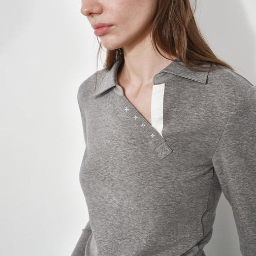 NUTH 修身显瘦正肩针织长袖T恤斜领弹力打底针织衫女 花灰/藏蓝 商品图0