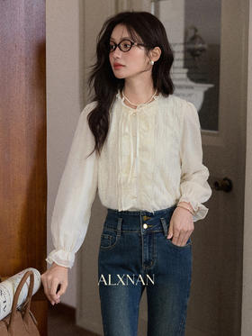 鹿向南「凡尔初秋」法式杏色木耳边长袖衬衫女秋显瘦气质减龄上衣