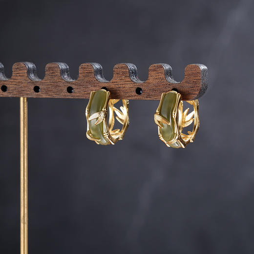 子佩集S925银【圆满竹福】耳环【EJ00461】纯银古法银扣环圆圈镀金青玉2507 商品图3