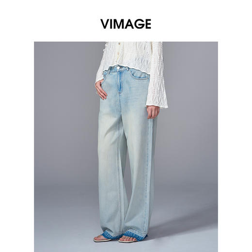 VIMAGE纬漫纪复古水洗撞色高腰宽松直筒显瘦牛仔裤2025季夏新款V2305940 商品图2