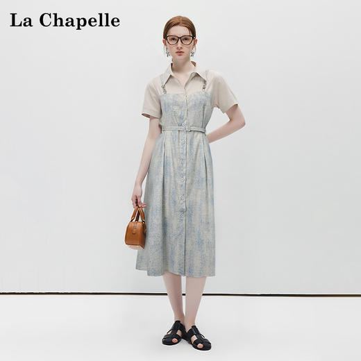 会员福利【官网700+高品质】拉夏贝尔/La Chapelle翻领拼接假两件短袖连衣裙女小众设计感时尚长裙2025新款 商品图1