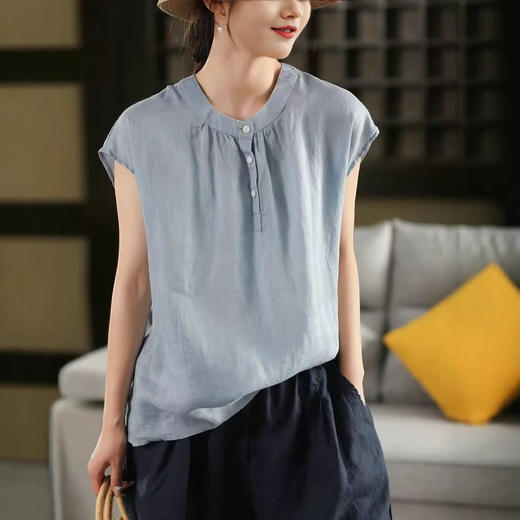 丁摩 夏季复古双支苎麻衬衫女纯色套头衫薄款衬衣上衣5ZF-25196 商品图3