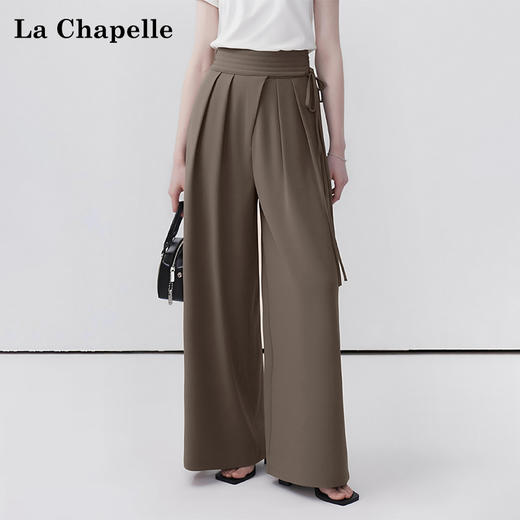 天猫同步【版型赞！垂感显瘦】拉夏贝尔/La Chapelle交叉系带双扣阔腿裤女高腰压褶通勤时尚高级感休闲裤 商品图0