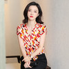 丁摩 真丝衬衫女士新款夏季V领短袖格纹别致设计感小众上衣5ZF-3358 商品缩略图1