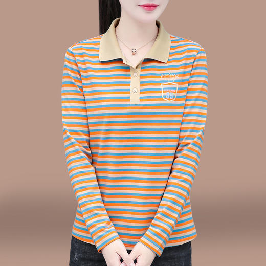 百媚生 95棉翻领条纹女士长袖T恤850 商品图2