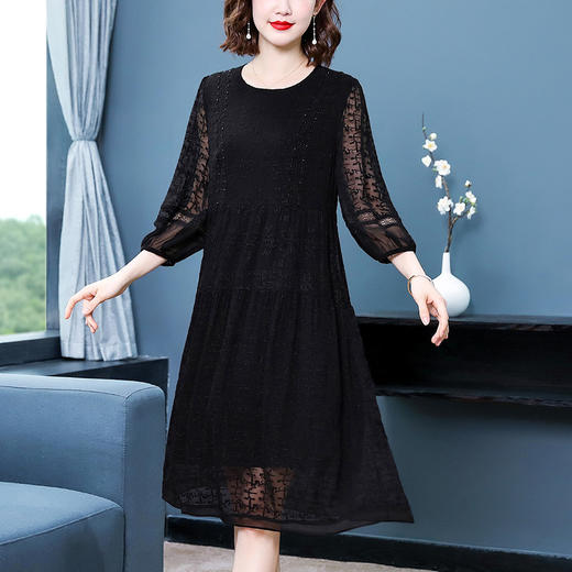 丁摩 夏季新款3D真丝刺绣桑蚕丝连衣裙宽松显瘦圆领气质真丝长裙5ZF-6560 商品图3