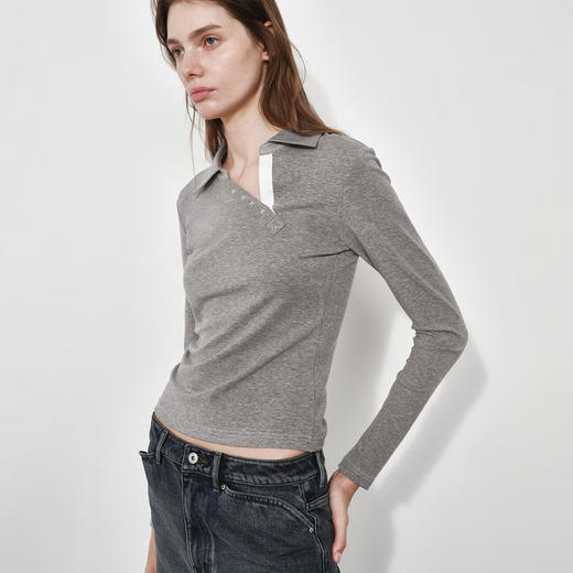 NUTH 修身显瘦正肩针织长袖T恤斜领弹力打底针织衫女 花灰/藏蓝 商品图2