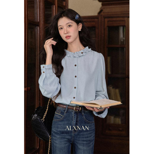 鹿向南「青珀时间海」早秋法式蓝色长袖衬衫新款宽松通勤开衫上衣 商品图0