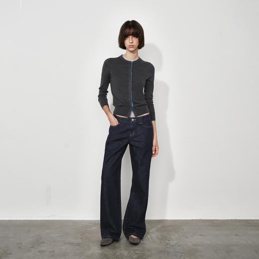 NUTH  可机洗100%纯羊毛撞色灰色修身短款长袖针织开衫女（发货时间同步天猫） 商品图2