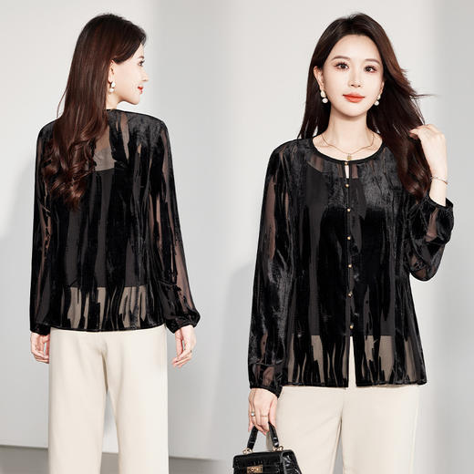 丁摩 新中式早秋真丝丝绒显瘦纯色上衣气质黑色国风拼接长袖女小衫5ZF-6329 商品图1