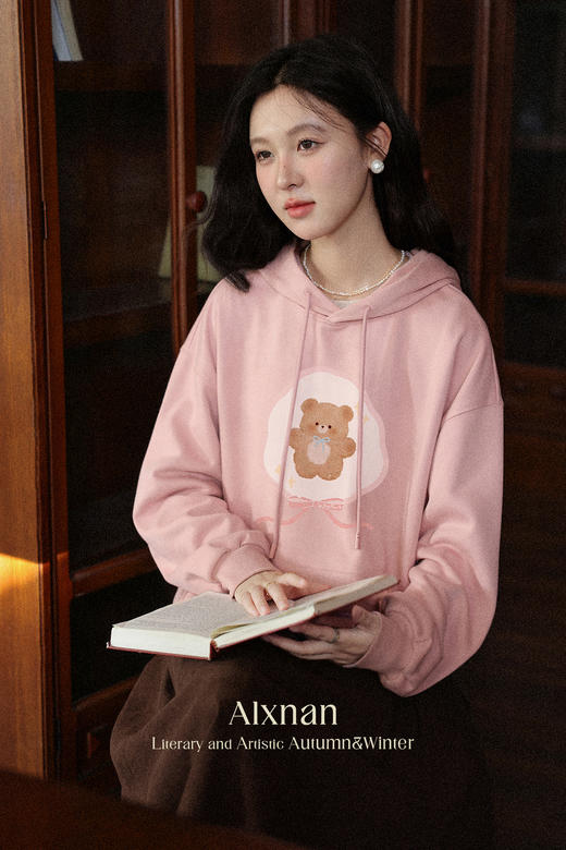鹿向南「云朵洛丽」可爱小熊粉色连帽卫衣女初秋宽松百搭长袖上衣 商品图5