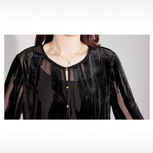 丁摩 新中式早秋真丝丝绒显瘦纯色上衣气质黑色国风拼接长袖女小衫5ZF-6329 商品图2