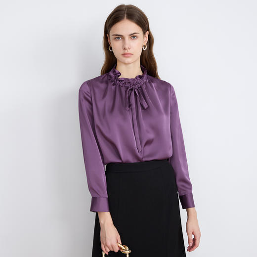 【紫色缎面衬衫】EITIE爱特爱气质抽绳木耳领直筒显瘦2025秋新款上衣C2513826 商品图5