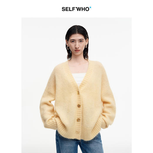 SELFWHO马海毛羊毛混纺V领针织开衫女2025秋新款宽松保暖毛衣外套 商品图0