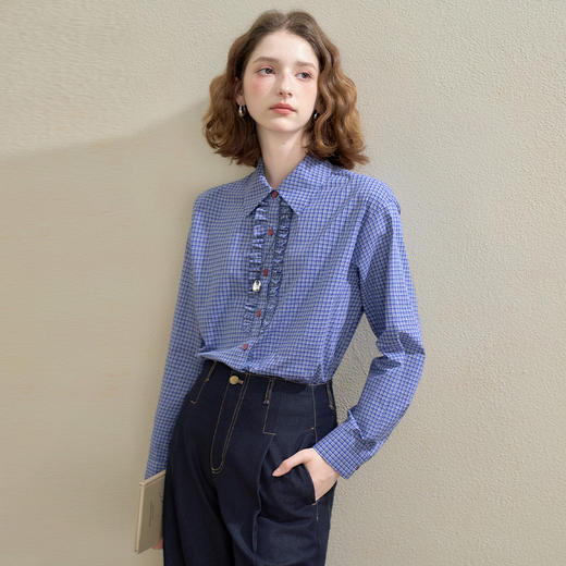 西遇复古木耳边蓝色格纹衬衫女秋季新款减龄百搭短款长袖上衣V2651170 商品图0
