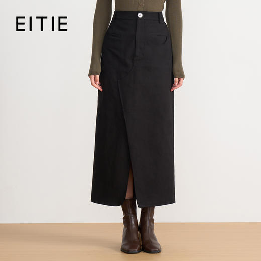 EITIE爱特爱挺括工装设计感不对称高腰黑色长款半裙2025秋季新款C2506816 商品图0