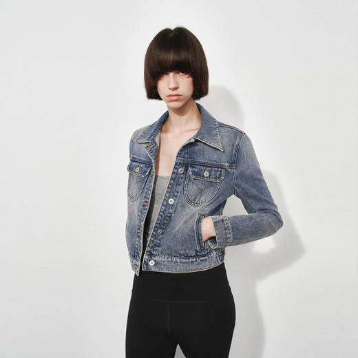 NUTH复古水洗做旧修身正肩短款牛仔外套女 商品图7