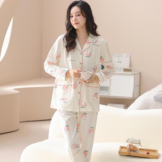 雀说 纯棉公主风睡衣女秋季长袖长裤翻领开衫可外穿家居服套装 商品图1