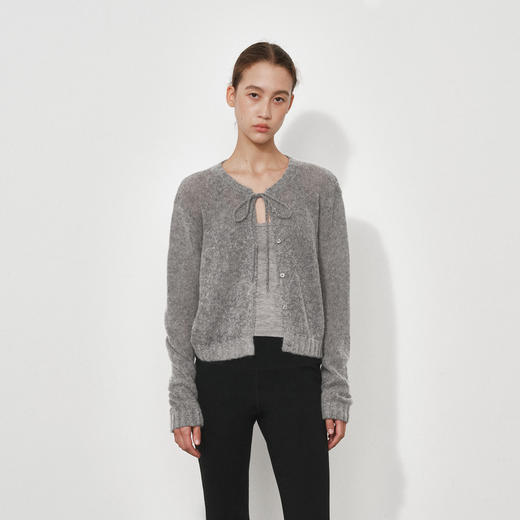 NUTH 半透羊毛混纺宽松短款系带针织开衫女 商品图0