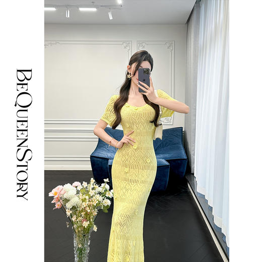 余潇潇【午后记忆】手工钩花大圆领镂空针织鱼尾短袖连衣裙夏 商品图3