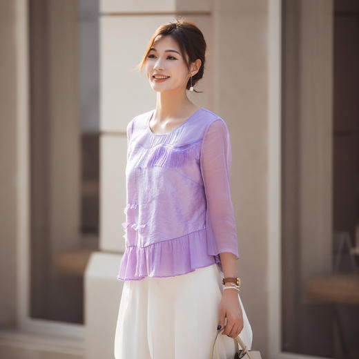 【林栖设计小店】【林栖推荐】【现货】天丝紫色修身气质2025早秋上衣衬衣女N1953292 商品图6