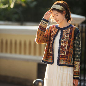 【林栖设计小店】（现货）绵羊毛毛织外套鸳鸯提花手钩花秋色新中式2025秋冬新款毛衣女1954041