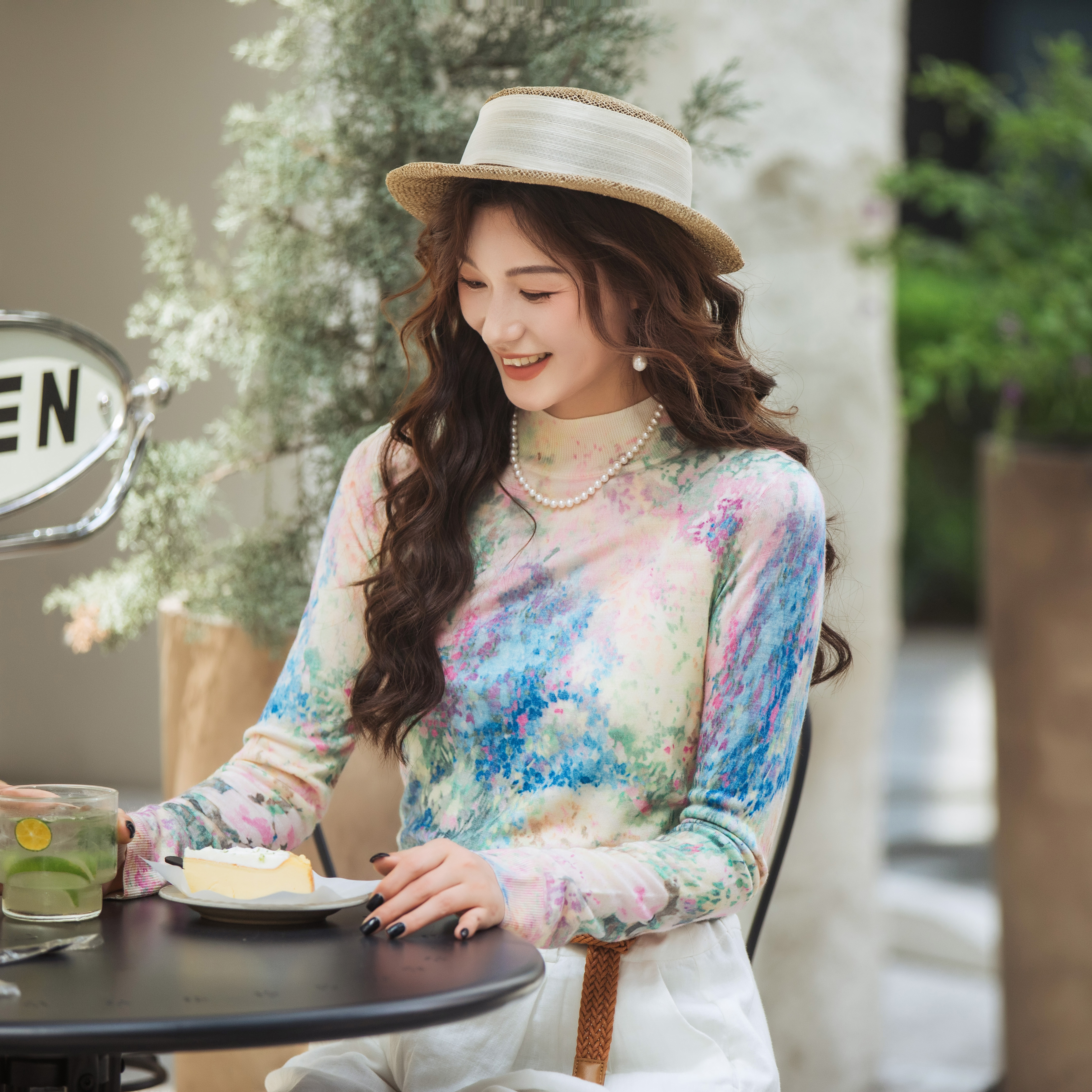 【林栖设计小店】【现货】绵羊毛毛织上衣油画衫优雅印花修身显瘦2025秋冬新款针织衫女1954004