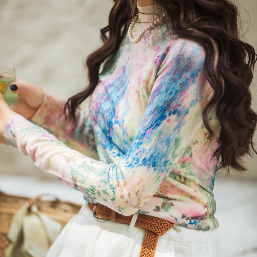 【林栖设计小店】【现货】绵羊毛毛织上衣油画衫优雅印花修身显瘦2025秋冬新款针织衫女1954004 商品图5