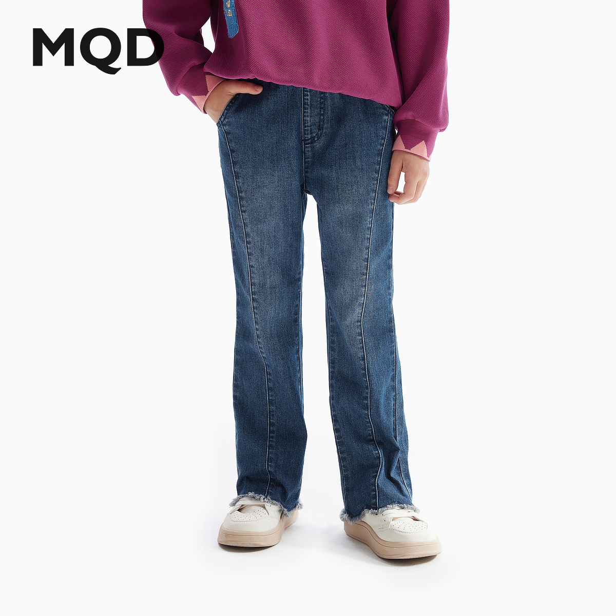 【MQD】童装女童牛仔裤春秋装款水洗波浪脚口甜美儿童喇叭裤子