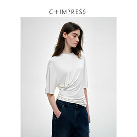 C+IMPRESS/西嘉莫代尔混纺 不对称抽褶中袖显瘦T恤女夏设计感上衣T2502007