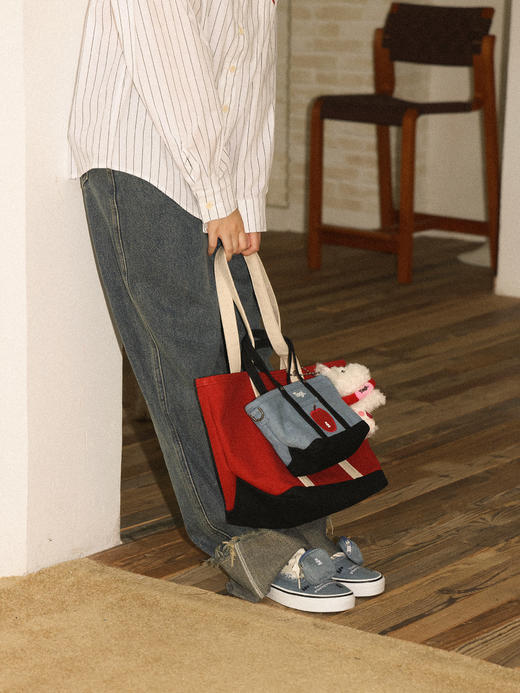 Tagi 想象苹果拼色复古帆布托特包 拼色通勤复古单肩包帆布托特手提斜挎包 商品图3