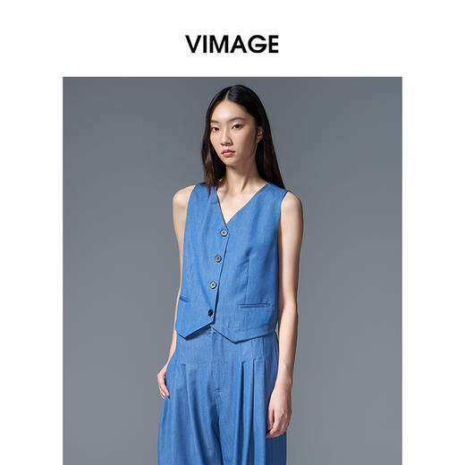 VIMAGE纬漫纪复古摩登显瘦V领休闲牛仔蓝无袖马甲2025夏季新款外套V2303925 商品图2