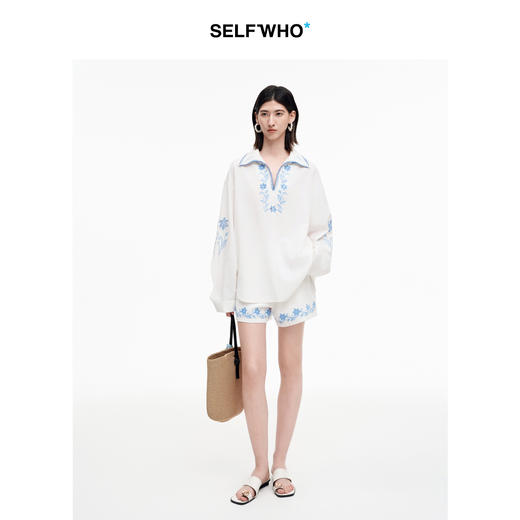 SELFWHO天丝亚麻混纺绿绒蒿镂空绣花衬衫2025秋季新款宽松V领上衣 商品图2